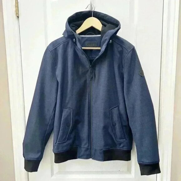Guess Mens Bomber Jacket Hooded Casual Fall Navy Blue and Black Size Medium - Picture 2 of 12